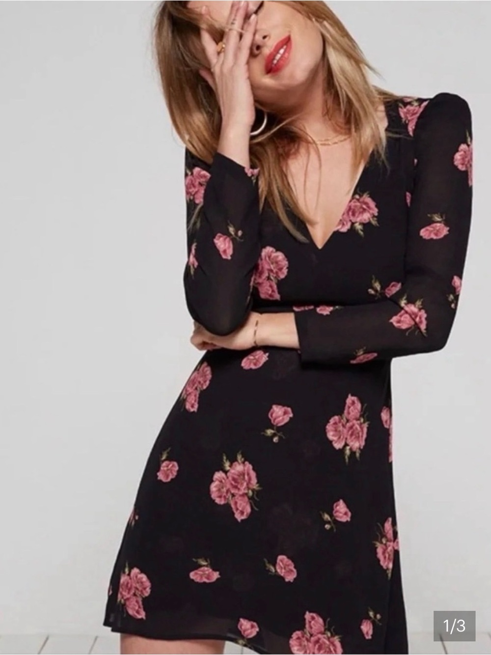 Reformation Black Long-Sleeve Mini Dress with Coral Pink Floral Print